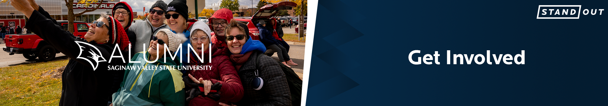 Get Involved banner: photo of alumni at Homecoming with the SVSU logo